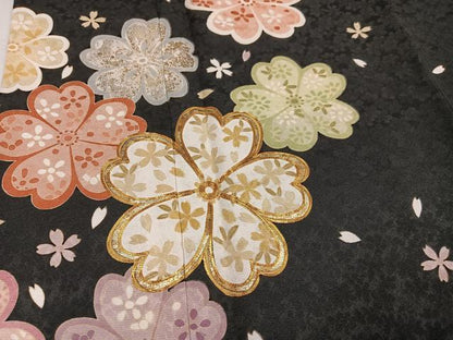 平和屋着物●豪華振袖　駒刺繍　夜桜　黒地　金彩　正絹　逸品　AABI4816ph