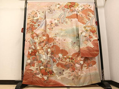 平和屋着物●豪華振袖　駒刺繍　地紙立波草花文　金彩　鈴乃屋扱い　正絹　逸品　AABI4821ph
