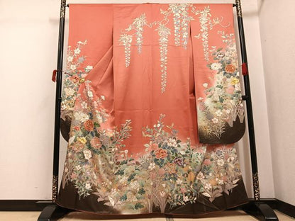 平和屋着物●豪華振袖　刺繍　草花舞蝶文　金銀彩　正絹　逸品　AABI4825ph
