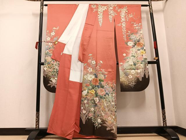 平和屋着物●豪華振袖　刺繍　草花舞蝶文　金銀彩　正絹　逸品　AABI4825ph