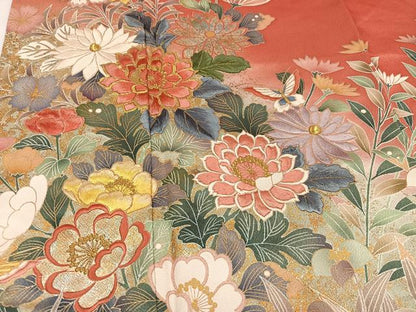 平和屋着物●豪華振袖　刺繍　草花舞蝶文　金銀彩　正絹　逸品　AABI4825ph