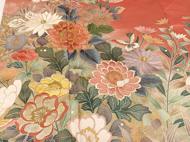 平和屋着物●豪華振袖　刺繍　草花舞蝶文　金銀彩　正絹　逸品　AABI4825ph