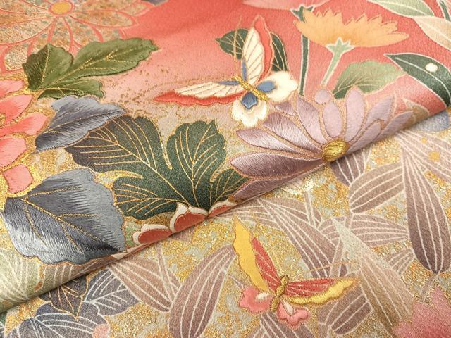 平和屋着物●豪華振袖　刺繍　草花舞蝶文　金銀彩　正絹　逸品　AABI4825ph