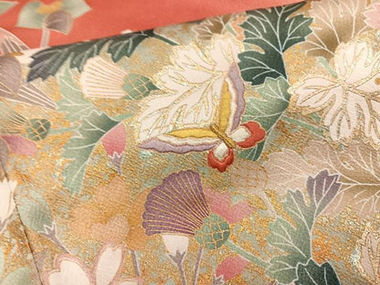 平和屋着物●豪華振袖　刺繍　草花舞蝶文　金銀彩　正絹　逸品　AABI4825ph