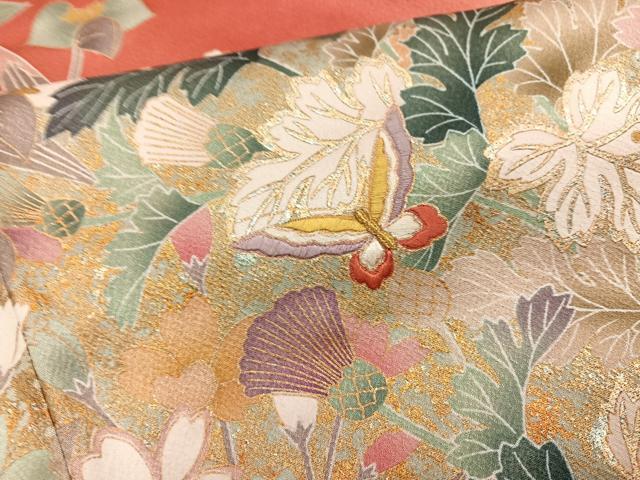 平和屋着物●豪華振袖　刺繍　草花舞蝶文　金銀彩　正絹　逸品　AABI4825ph
