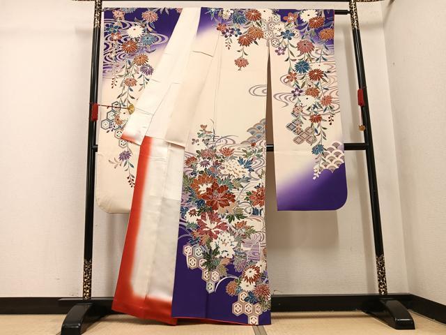 平和屋着物●豪華振袖　友禅　流水吉祥草花文　暈し染め　正絹　逸品　AABI4828ph