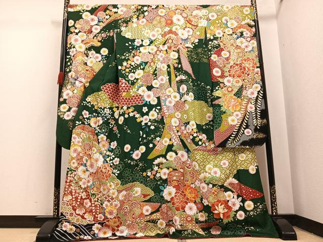 平和屋着物●豪華振袖　辻が花　絞り　御所車花文　金彩　銀通し地　正絹　逸品　AABI4832ph