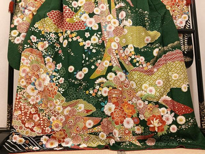 平和屋着物●豪華振袖　辻が花　絞り　御所車花文　金彩　銀通し地　正絹　逸品　AABI4832ph