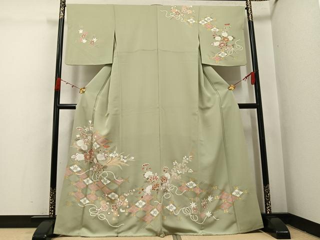 平和屋着物●訪問着　友禅　駒刺繍　草花文　金彩　正絹　逸品　AABI4833ph
