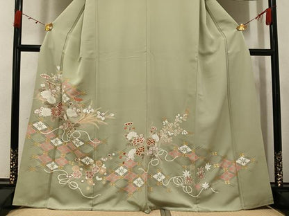 平和屋着物●訪問着　友禅　駒刺繍　草花文　金彩　正絹　逸品　AABI4833ph