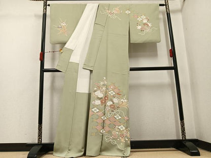 平和屋着物●訪問着　友禅　駒刺繍　草花文　金彩　正絹　逸品　AABI4833ph