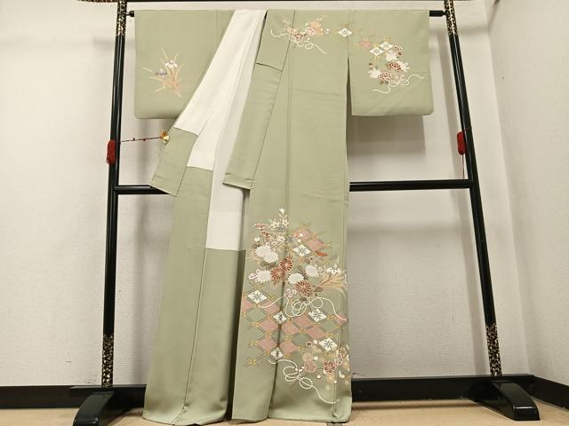 平和屋着物●訪問着　友禅　駒刺繍　草花文　金彩　正絹　逸品　AABI4833ph