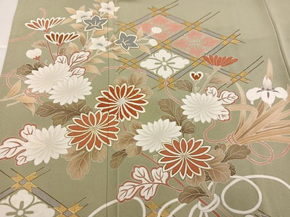 平和屋着物●訪問着　友禅　駒刺繍　草花文　金彩　正絹　逸品　AABI4833ph
