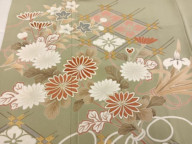 平和屋着物●訪問着　友禅　駒刺繍　草花文　金彩　正絹　逸品　AABI4833ph
