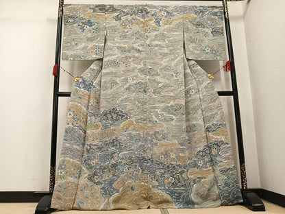 平和屋着物●訪問着　霞取り草花文　鬼しぼ縮緬　正絹　逸品　AABI4837ph