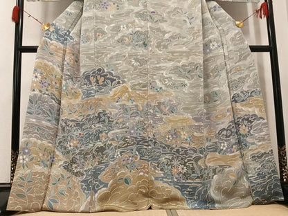 平和屋着物●訪問着　霞取り草花文　鬼しぼ縮緬　正絹　逸品　AABI4837ph