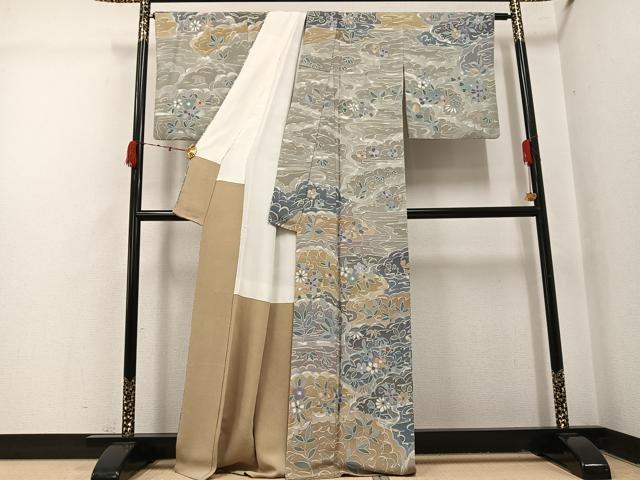 平和屋着物●訪問着　霞取り草花文　鬼しぼ縮緬　正絹　逸品　AABI4837ph