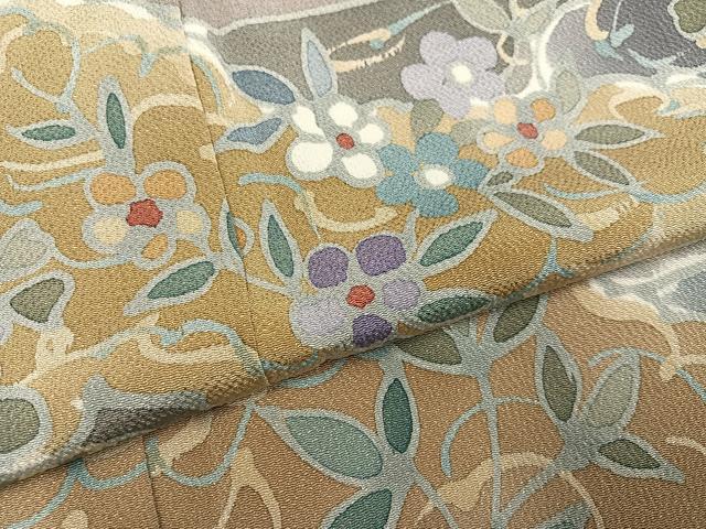 平和屋着物●訪問着　霞取り草花文　鬼しぼ縮緬　正絹　逸品　AABI4837ph