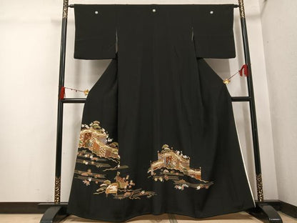 平和屋着物●創業460年・千總　黒留袖　刺繍　松竹梅檜扇草花文　金彩　三越扱い　正絹　逸品　AABI4840ph