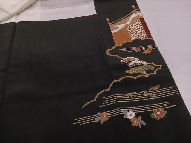平和屋着物●創業460年・千總　黒留袖　刺繍　松竹梅檜扇草花文　金彩　三越扱い　正絹　逸品　AABI4840ph