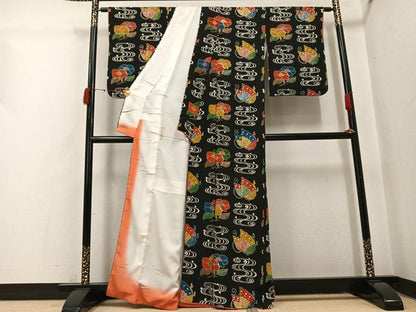 平和屋着物●上質な小紋　流水花蝶文　黒地　正絹　逸品　AABI4842ph