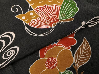 平和屋着物●上質な小紋　流水花蝶文　黒地　正絹　逸品　AABI4842ph