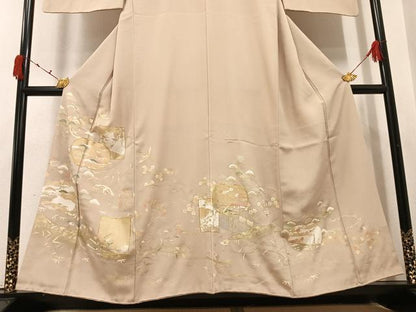 平和屋着物●豪華色留袖　友禅　駒刺繍　松竹梅飛鶴風景草花文　金彩　正絹　逸品　AABI4848ph