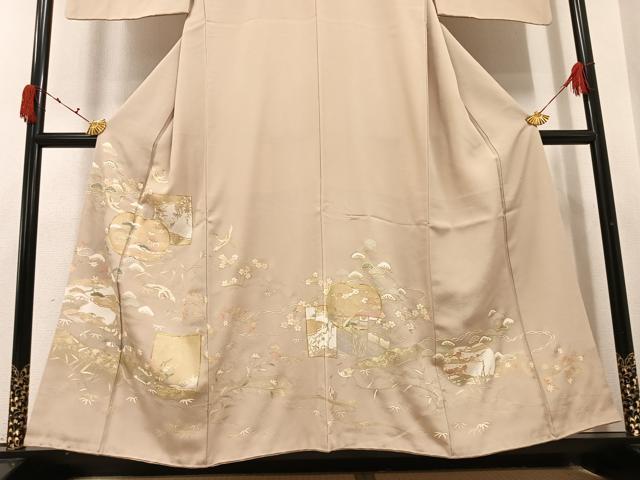 平和屋着物●豪華色留袖　友禅　駒刺繍　松竹梅飛鶴風景草花文　金彩　正絹　逸品　AABI4848ph