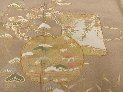 平和屋着物●豪華色留袖　友禅　駒刺繍　松竹梅飛鶴風景草花文　金彩　正絹　逸品　AABI4848ph
