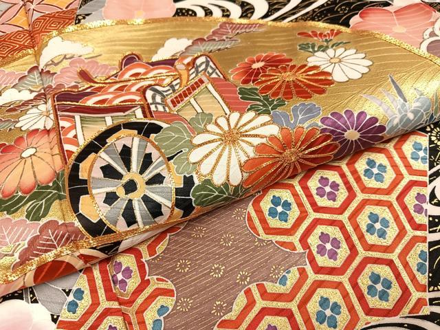 平和屋着物●豪華振袖　駒刺繍　地紙御所車貝桶花文　金彩　正絹　逸品　AABI4849ph