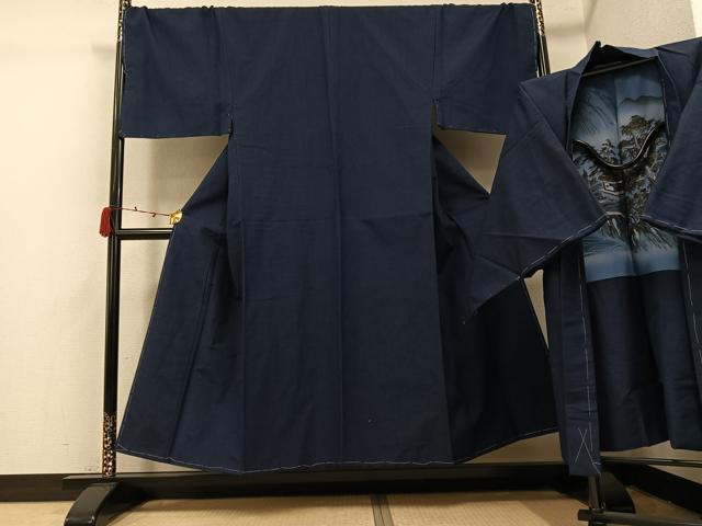 平和屋着物●男性　紬　アンサンブル　色無地　藍鉄色　キングサイズ　正絹　逸品　未使用　AABI4852ph