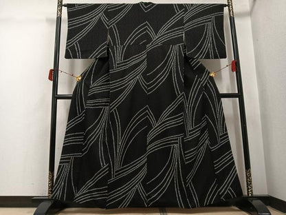 平和屋着物●上質な小紋　絞り　幾何学文様　黒地　正絹　逸品　AABI4858ph