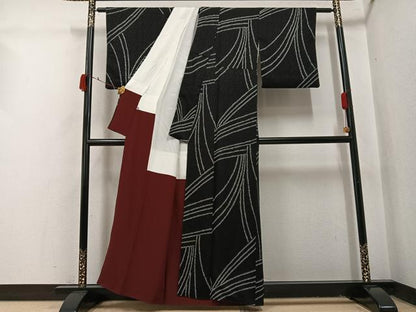 平和屋着物●上質な小紋　絞り　幾何学文様　黒地　正絹　逸品　AABI4858ph