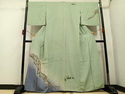 平和屋着物●訪問着　群れ鶴草花文　暈し染め　金彩　正絹　逸品　AABI4873ph