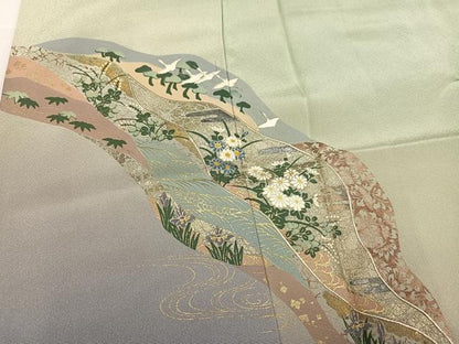 平和屋着物●訪問着　群れ鶴草花文　暈し染め　金彩　正絹　逸品　AABI4873ph