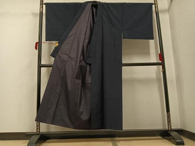 平和屋着物●男性　紬　アンサンブル　色無地　藍鉄色　正絹　逸品　AABI4879ph