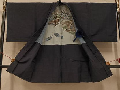 平和屋着物●男性　紬　アンサンブル　色無地　藍鉄色　正絹　逸品　AABI4879ph