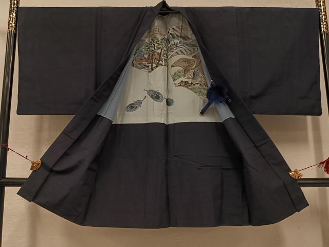 平和屋着物●男性　紬　アンサンブル　色無地　藍鉄色　正絹　逸品　AABI4879ph