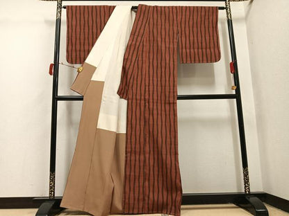 平和屋着物●上質な紬　間道　茶色　正絹　逸品　未使用　AABI4884ph