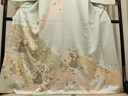 平和屋着物●訪問着　友禅　駒刺繍　花車文　金彩　正絹　逸品　AABI4885ph