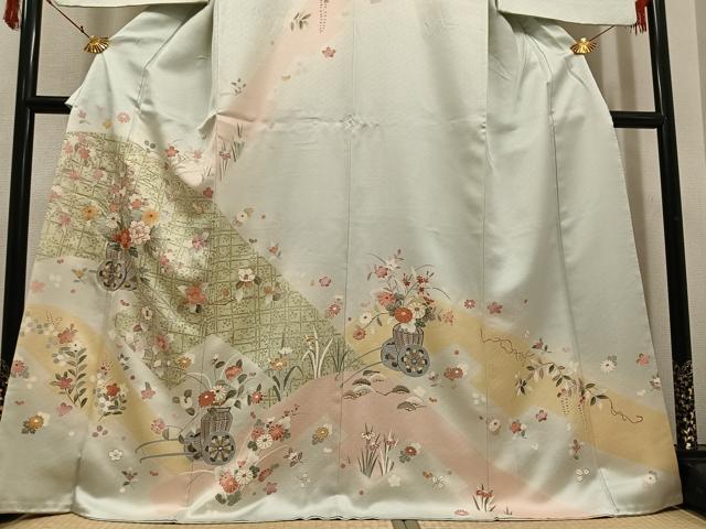 平和屋着物●訪問着　友禅　駒刺繍　花車文　金彩　正絹　逸品　AABI4885ph
