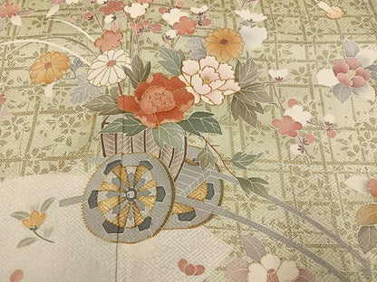 平和屋着物●訪問着　友禅　駒刺繍　花車文　金彩　正絹　逸品　AABI4885ph