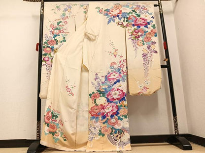平和屋着物●豪華振袖　友禅　作家物　幸雄　枝花文　浜ちりめん　仮絵羽　逸品　未使用　AABI4901ph