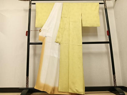 平和屋着物●上質な色無地　七宝花地紋　淡黄色　正絹　逸品　AABI4903ph