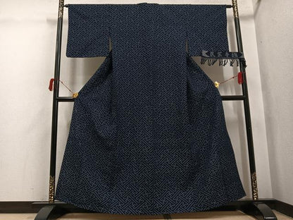 平和屋着物●久留米絣　単衣　民芸手織　紗綾形　反端付き　綿　逸品　AABI4905ph