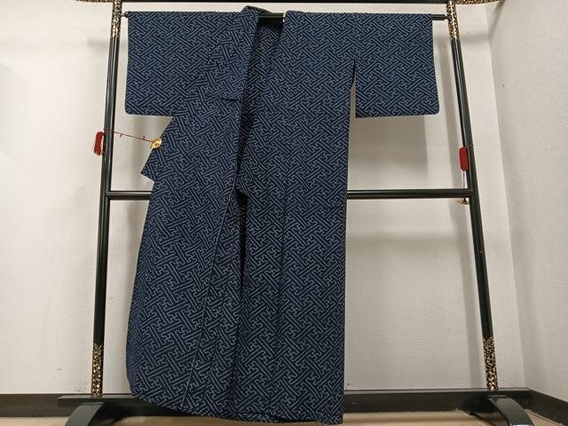 平和屋着物●久留米絣　単衣　民芸手織　紗綾形　反端付き　綿　逸品　AABI4905ph