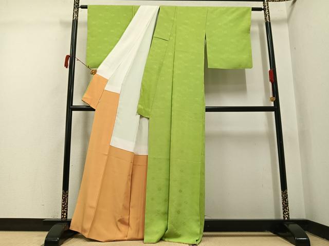 平和屋着物●上質な色無地　有栖川蜀江地紋　若苗色　西武百貨店扱い　正絹　逸品　AABI4914ph