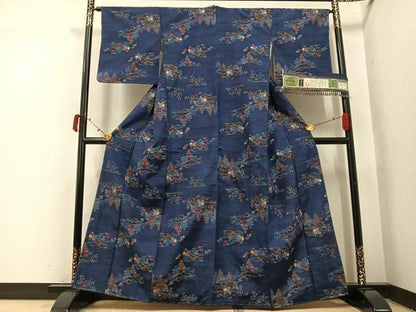 平和屋着物●小千谷紬　風景草花文　証紙付き　正絹　逸品　未使用　AABI4925ph