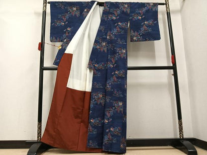 平和屋着物●小千谷紬　風景草花文　証紙付き　正絹　逸品　未使用　AABI4925ph
