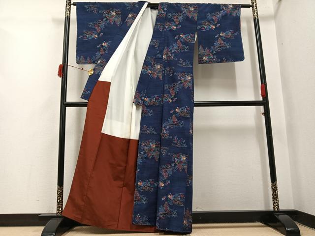 平和屋着物●小千谷紬　風景草花文　証紙付き　正絹　逸品　未使用　AABI4925ph
